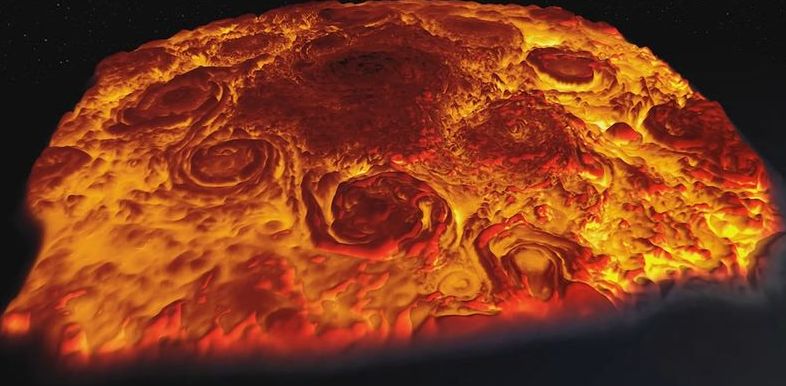 Страховити циклони над северния полюс на Юпитер (видео)